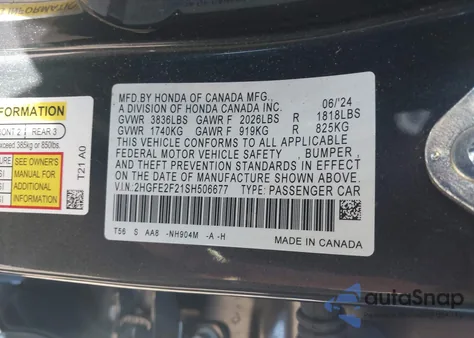 2025 Honda Civic Lx from USA, damaged, VIN 2HGFE2F21SH506677